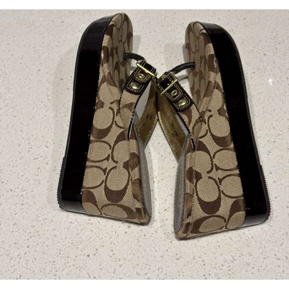 Coach Gracy Women’s Signature Logo Wedge Sandals Platform Thong Brown Size 7.5M - Picture 4 of 11